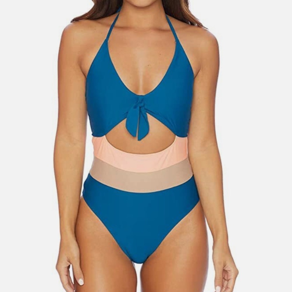 NEW Ella Moss Neapolitan One Piece Swimsuit Large Halter Color Block Beach